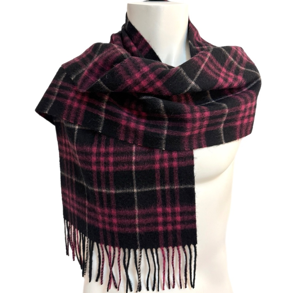 Black & Raspberry Plaid Wool Scarf - Soft Woven Fringe Wrap